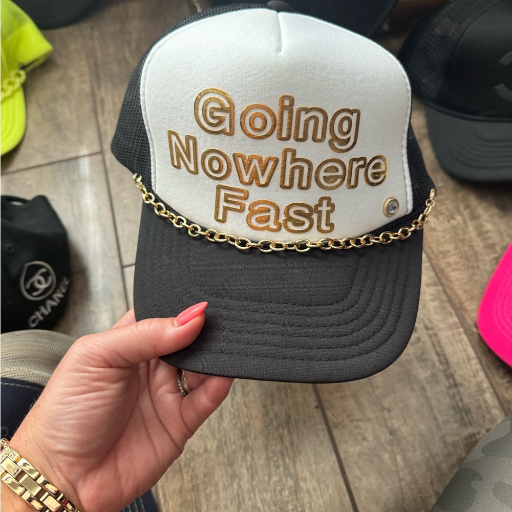 Black and White Trucker Hat with Gold Chain